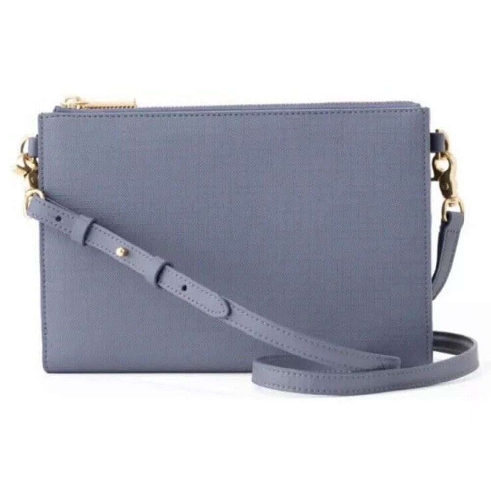 Dagne Dover Double Zip Crossbody in Dusty Blue with Gold Hardware